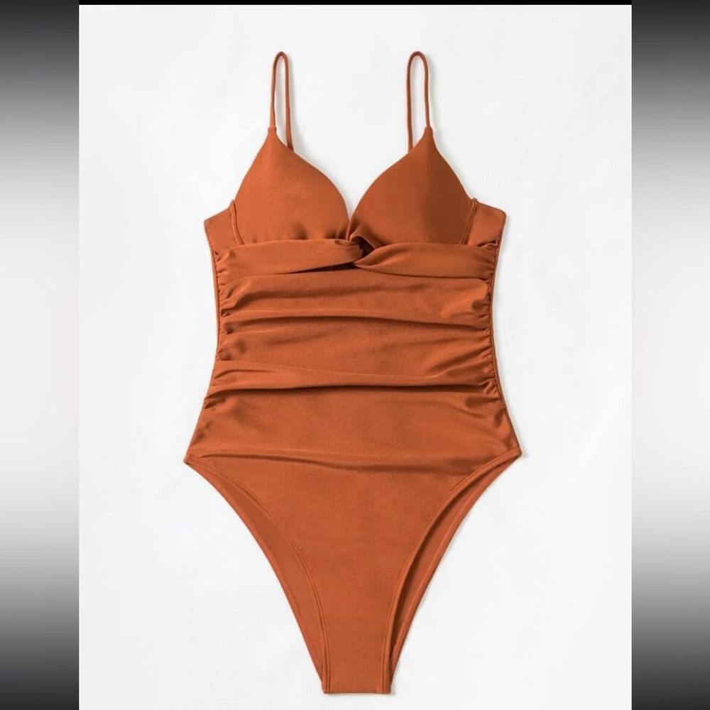 NWT Burnt Orange SHEIN Swim Summer Beach Ruched Push Up One Piece Swimsuit